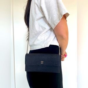 Rare Authentic Navy Chanel Flap XL floral wallet with crossbody strap and card !